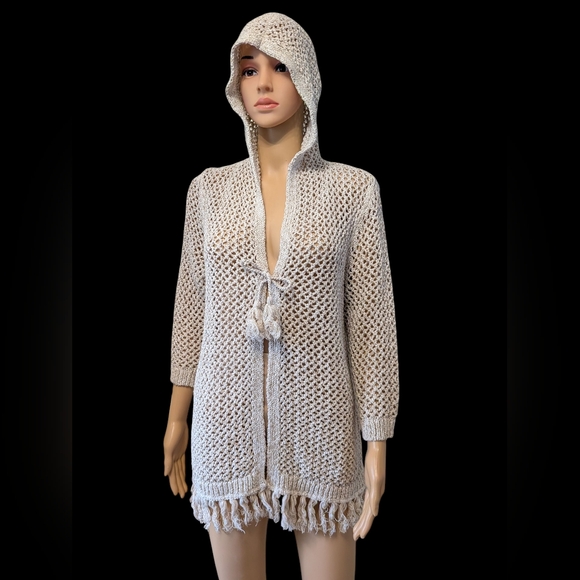 J-jill Natural Cream Crochet Hooded Cardigan Sweater - Picture 3 of 15